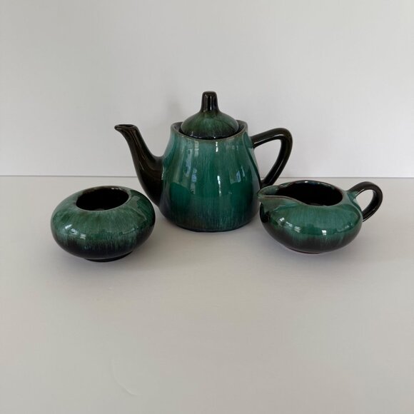 Vintage Ceramic Green Glazed Tea Set With Teapot Creamer & Sugar Bowl - Picture 1 of 11